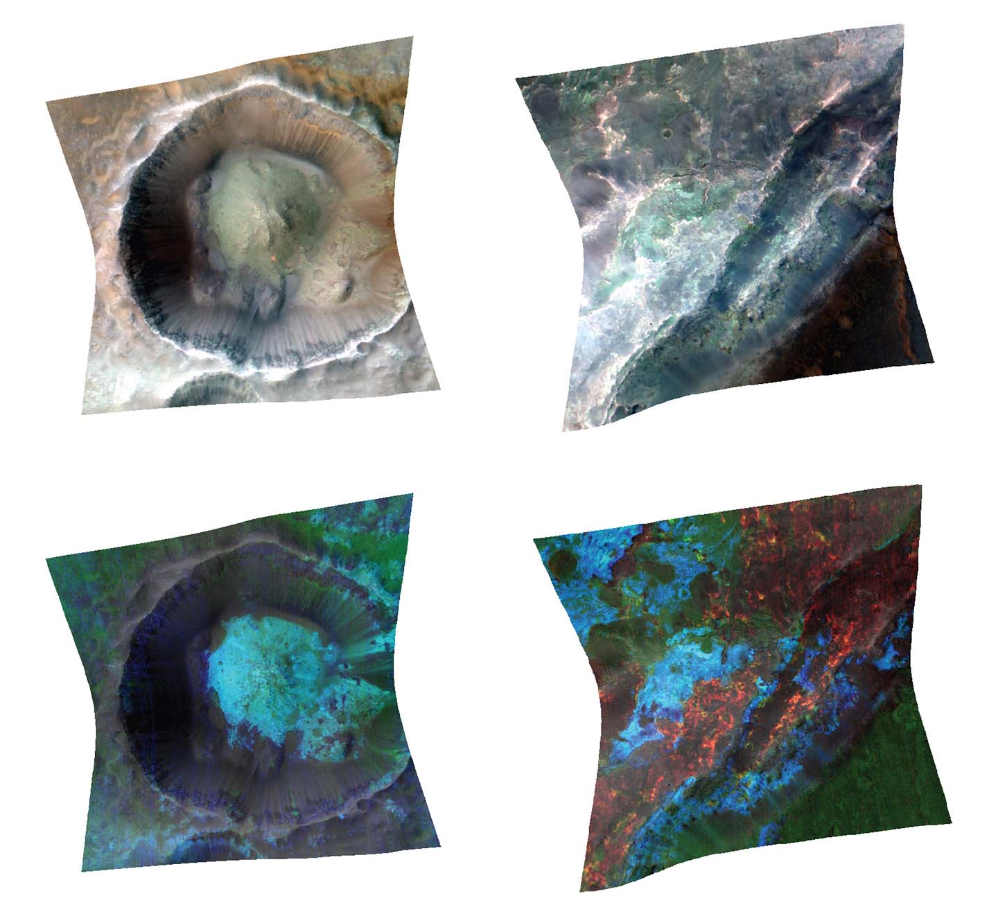 Infrared light indicates terrains of different composition in false-color infrared images (top) of a crater (left) and an escarpment (right)