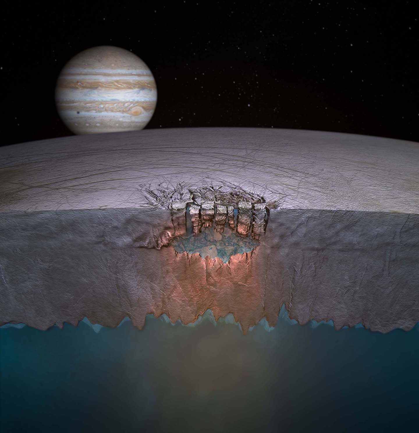 Artist's impression of the "Great Lake" on Jupiter's moon Europa