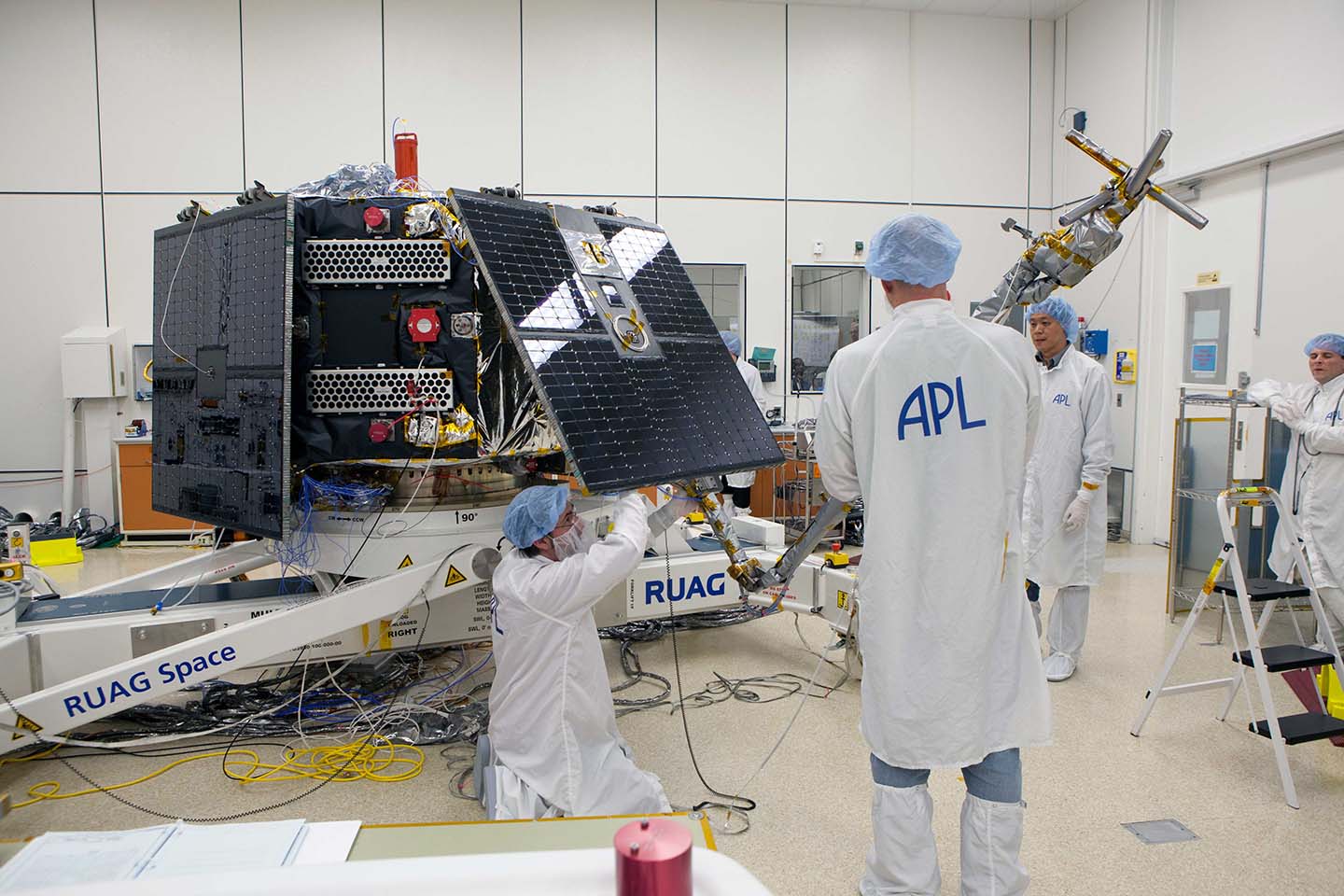 The RBSP team at the Johns Hopkins University Applied Physics Laboratory, shown here in late November, performs final inspections and testing