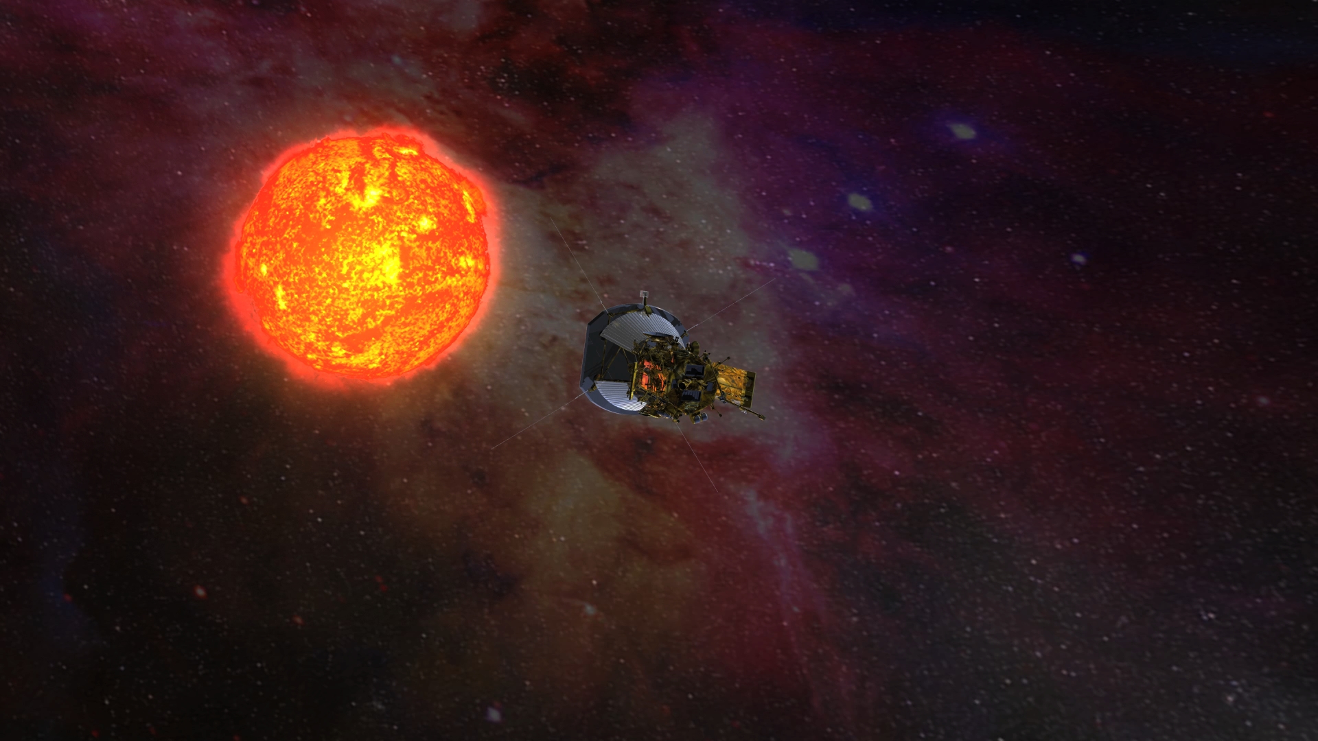 Artist's impression of Solar Probe Plus, its solar panels folded into the shadows of its protective shield