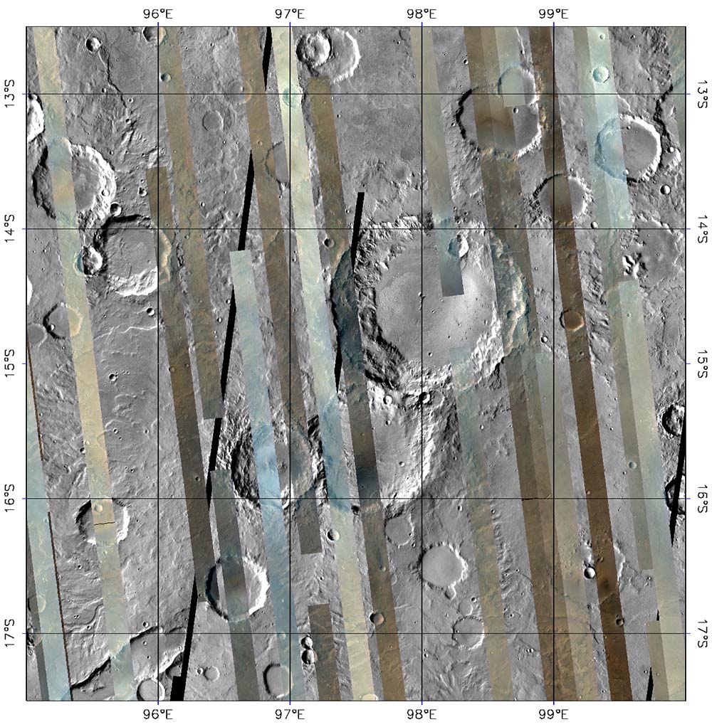 This is the first version of tile 750, one of 209 tiles just delivered to the PDS. It shows a part of the planet called Tyrrhena Terra in the ancient, heavily cratered highlands. The colored strips are CRISM multispectral survey data acquired over several months, in which each pixel has a calibrated 72-color spectrum of Mars