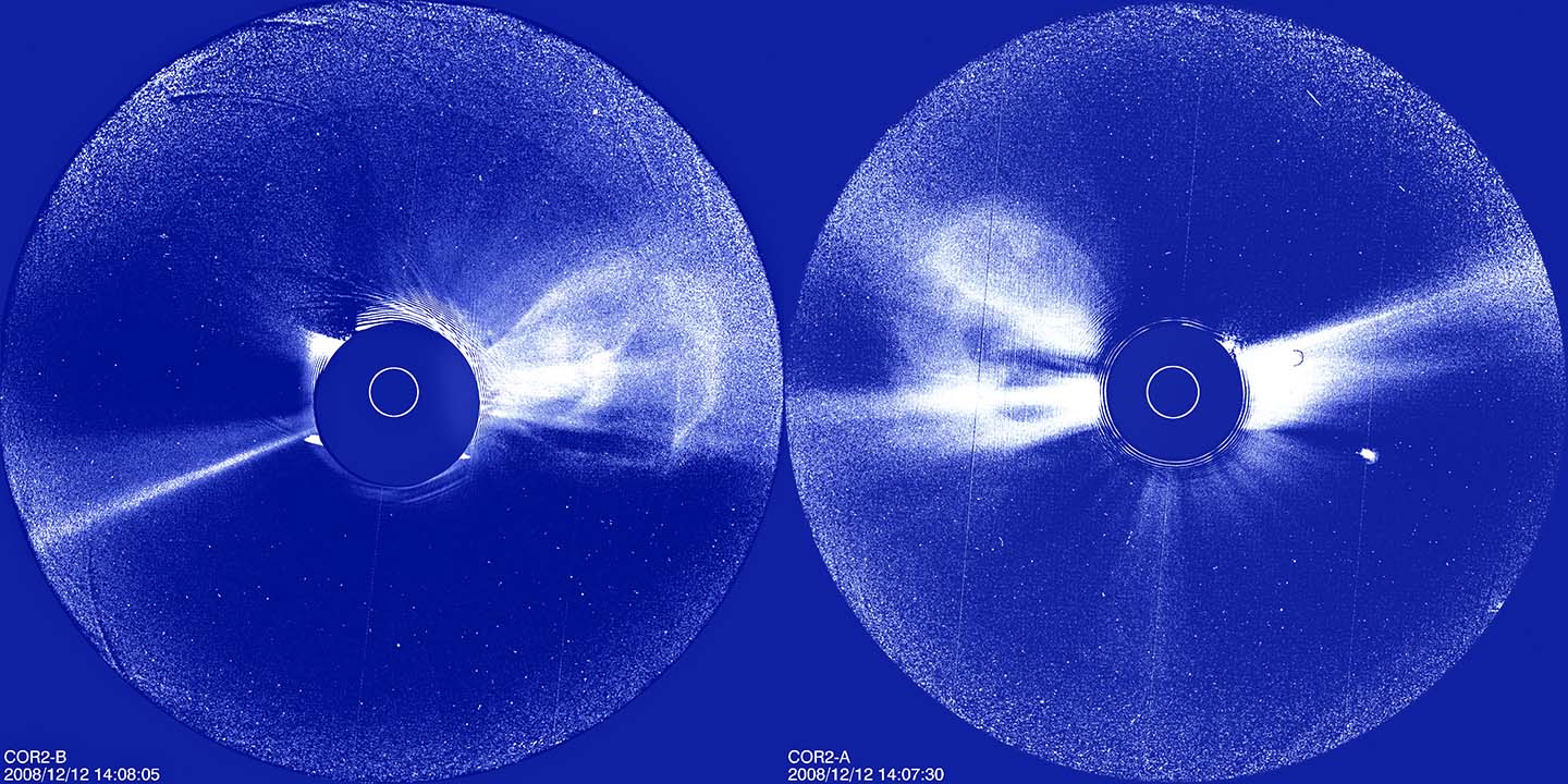 Print-resolution image from telescopes onboard STEREO spacecraft showing a coronal mass ejection event on December 12-13, 2008
