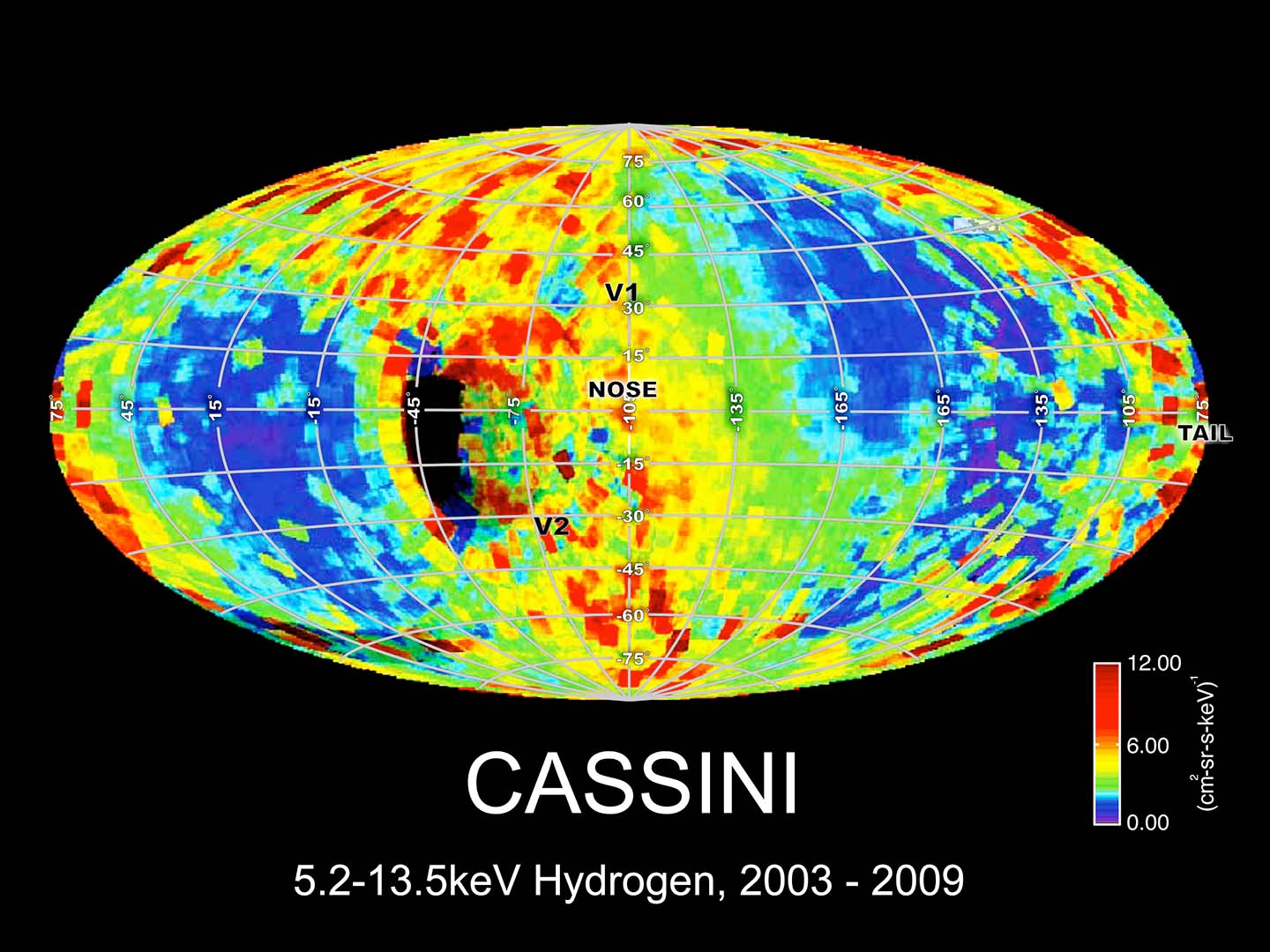 Full sky image of the energetic neutral atom emission from the sheath of hot particles formed in the region where the solar wind collides with the interstellar medium (the heliosheath).  The image is shown in a similar coordinate system to that used to display the just-released data from the IBEX mission.