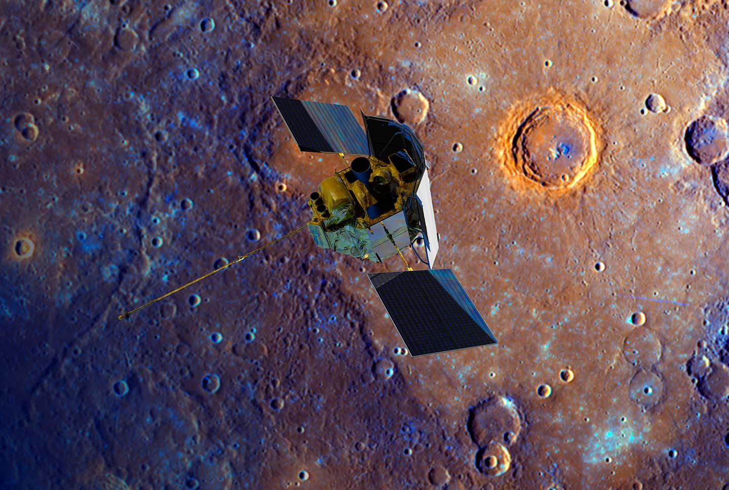 A depiction of the MESSENGER spacecraft flying over Mercury’s surface