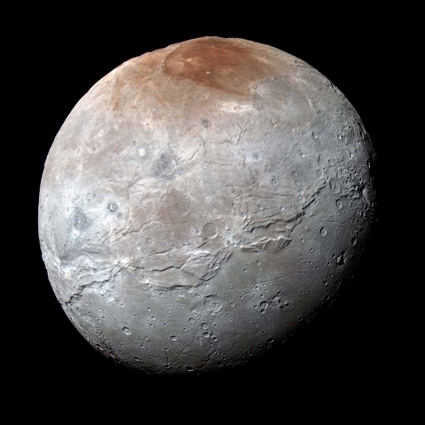 High-resolution enhanced color view of Charon, Pluto&#039;s largest moon
