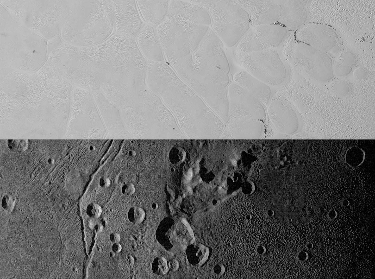 New Horizons’ views of the informally named Sputnik Planum on Pluto (top) and the informally named Vulcan Planum on Charon (bottom)