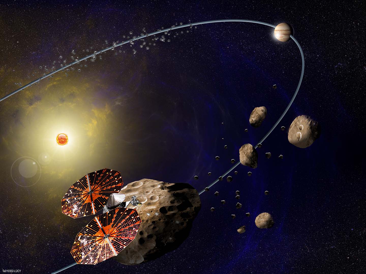In this artist’s concept (not to scale), the Lucy spacecraft is flying by Eurybates, one of the six diverse and scientifically important Trojans to be studied