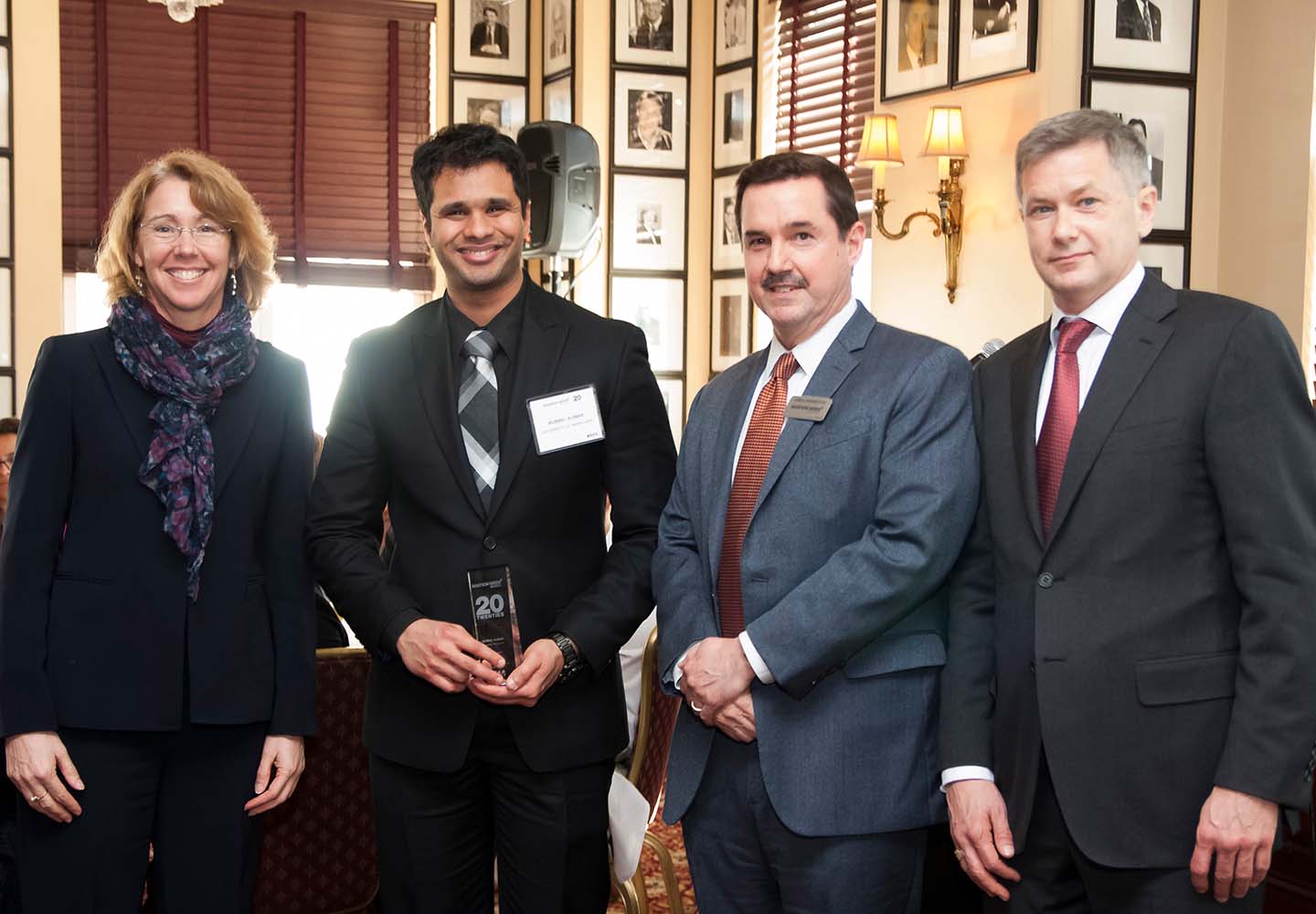 APL’s Rubbel Kumar (second from left) receives his “20 Twenties” award from AIAA Executive Director Sandy Magnus, Aviation Week President Greg Hamilton and Aviation Week & Space Technology Editor-in-Chief Joe Anselmo.