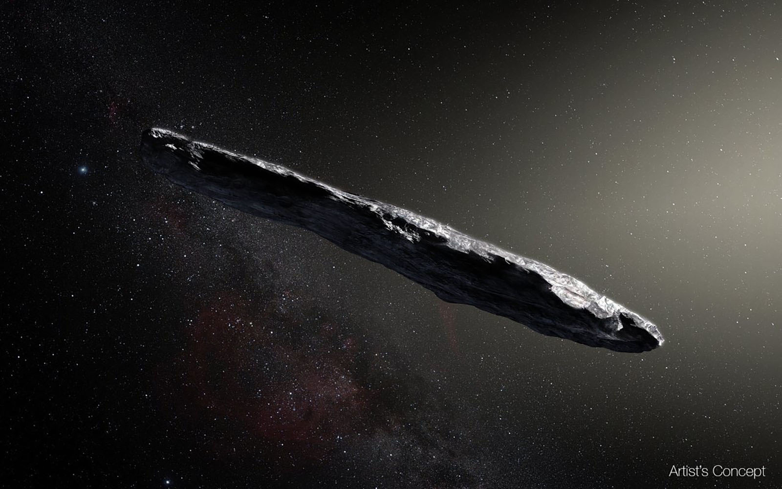 Artist’s concept of interstellar asteroid 1I/2017 U1 (‘Oumuamua) as it passed through the solar system