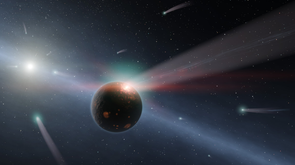This artist's conception illustrates a storm of comets around a star near our own, called Eta Corvi