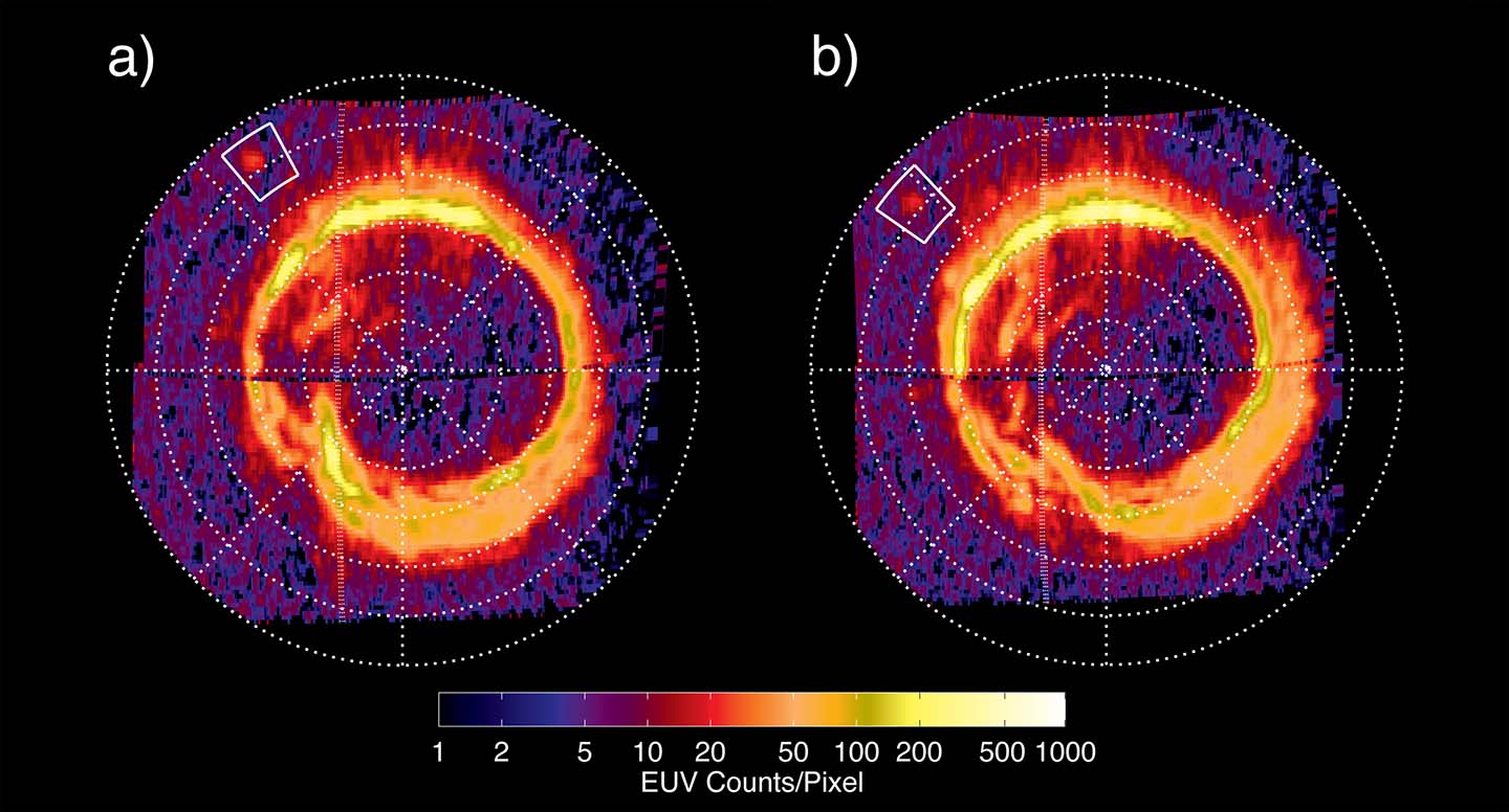 The two images shown here were obtained by Cassini's ultraviolet imaging spectrograph on Aug. 26, 2008, separated by 80 minutes. The footprint moved according to changes in the position of Enceladus. In the image, the colors represent how bright the extreme ultraviolet emissions are. The lowest emission areas (one to two extreme ultraviolet counts per pixel) are in black/blue. The brightest emission areas (500 to 1,000 extreme ultraviolet counts per pixel) are in yellow/white.