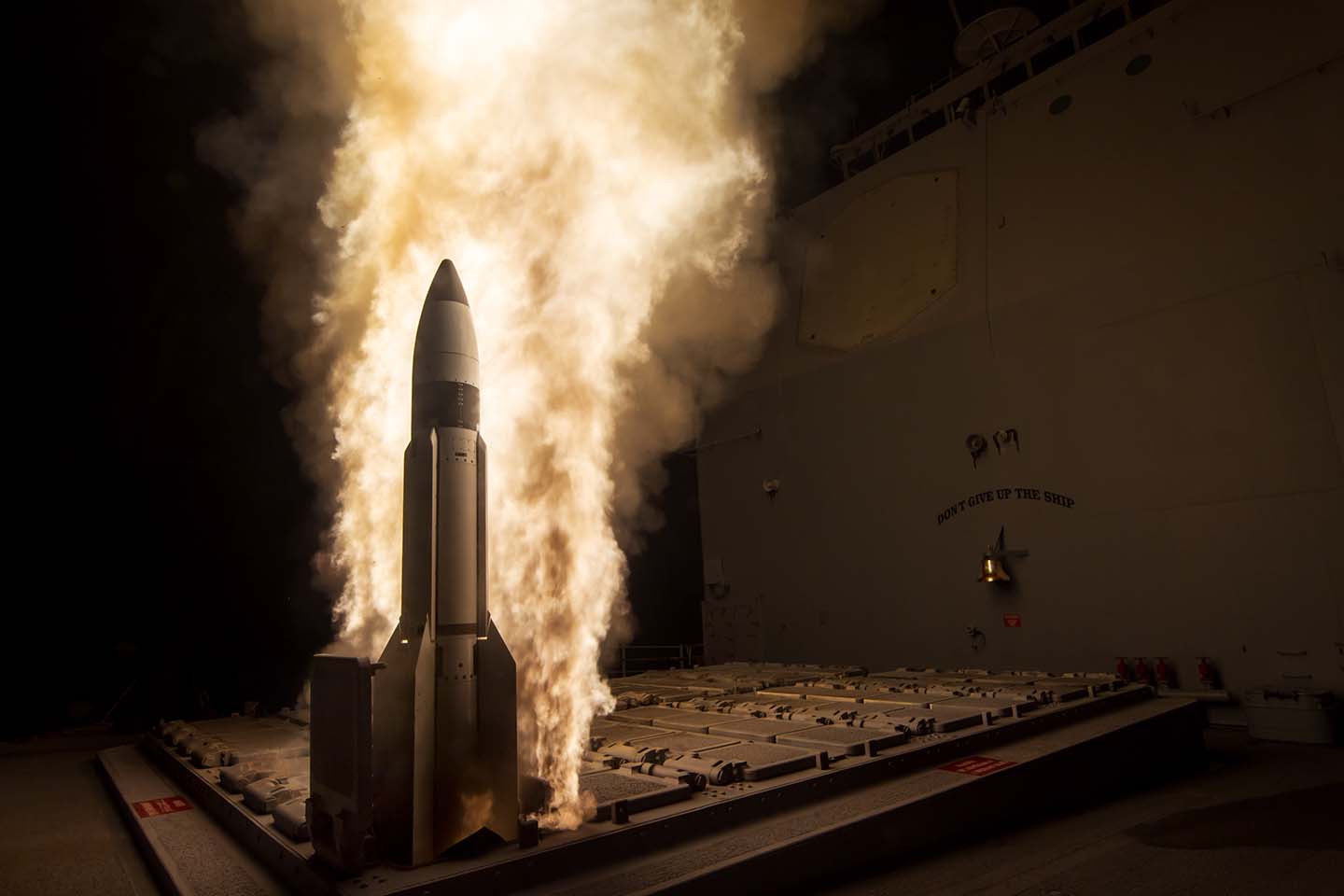 A Standard Missile-3 (SM-3) Block 1B guided missile is launched from the USS Lake Erie