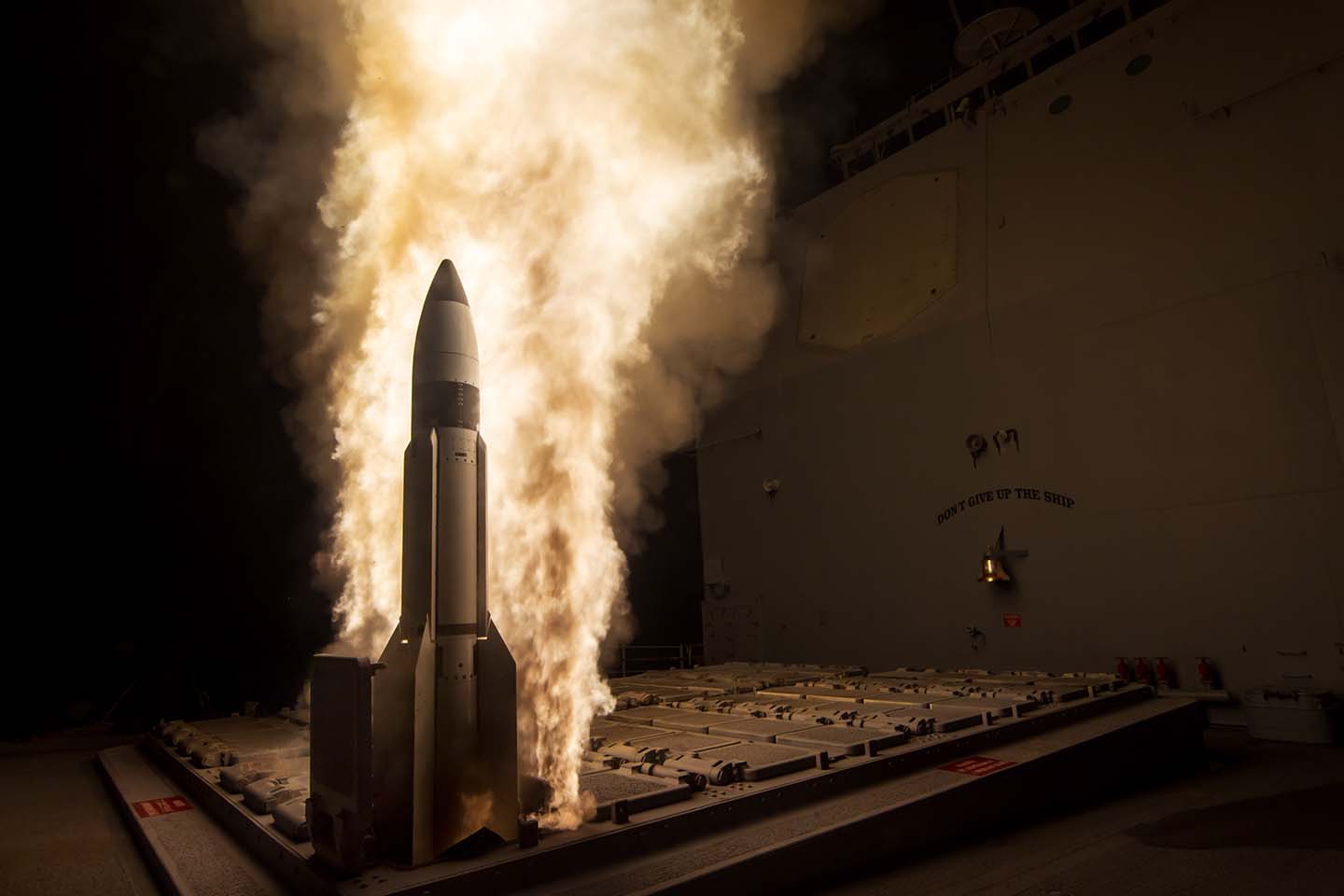 A Standard Missile-3 (SM-3) Block 1B guided missile is launched from the USS Lake Erie 