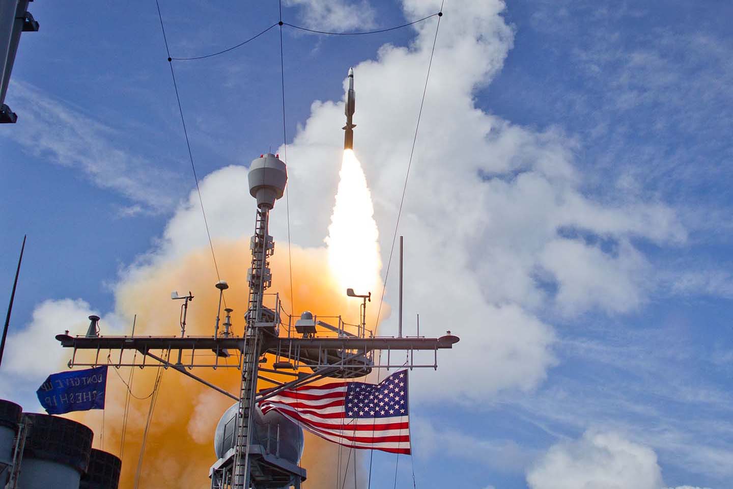 An SM-3 Block 1B interceptor is launched from the USS Lake Erie