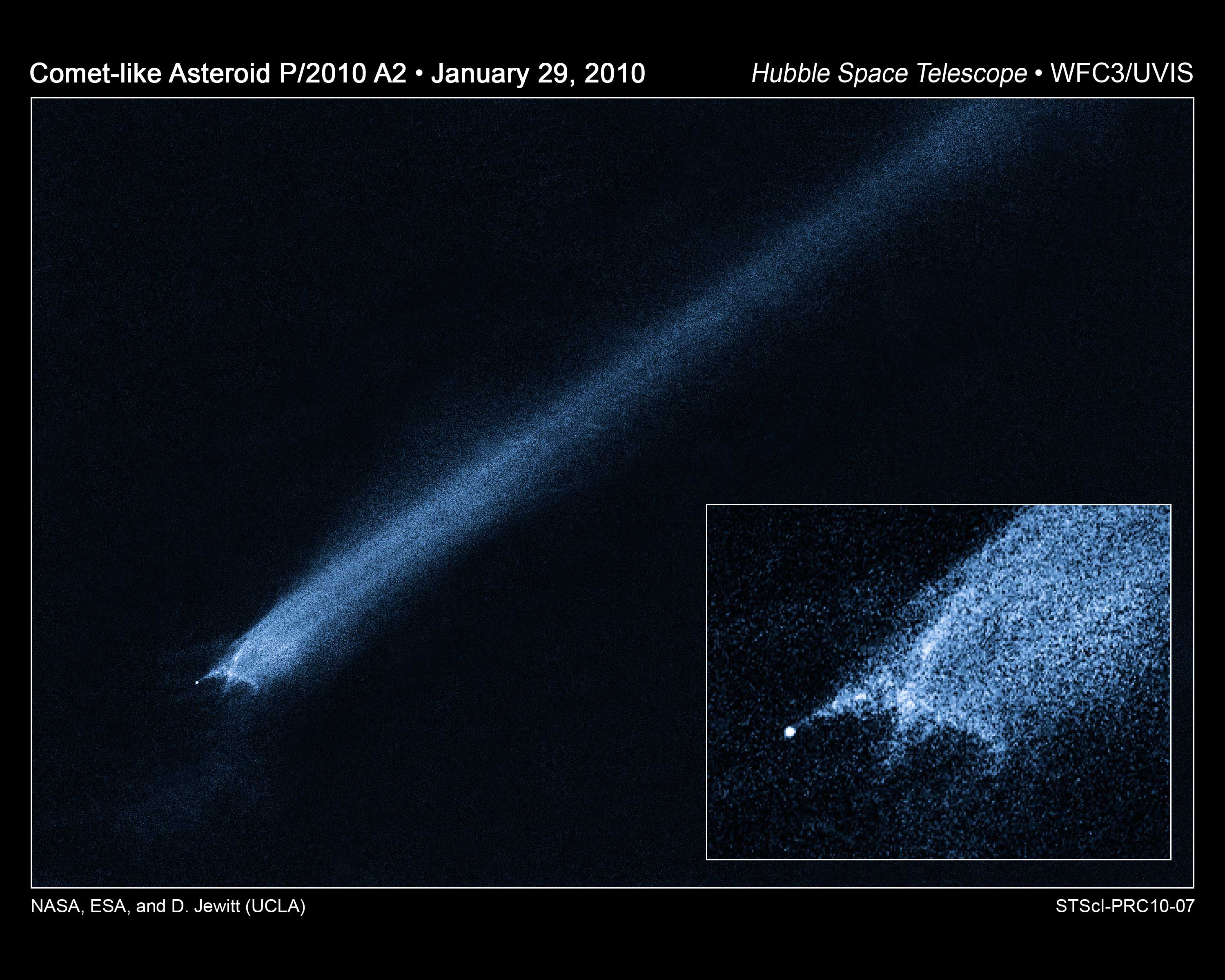The comet-like object imaged by Hubble, called P/2010 A2, was first discovered by the LINEAR (Lincoln Near-Earth Asteroid Research program) sky survey on January 6. New Hubble images taken on January 25 and 29 show a complex X-pattern of filamentary structures near the nucleus