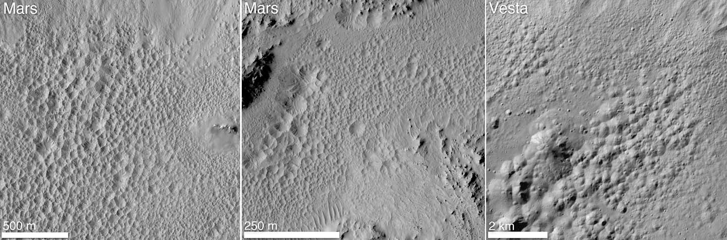 Pitted Terrain on Mars and Vesta