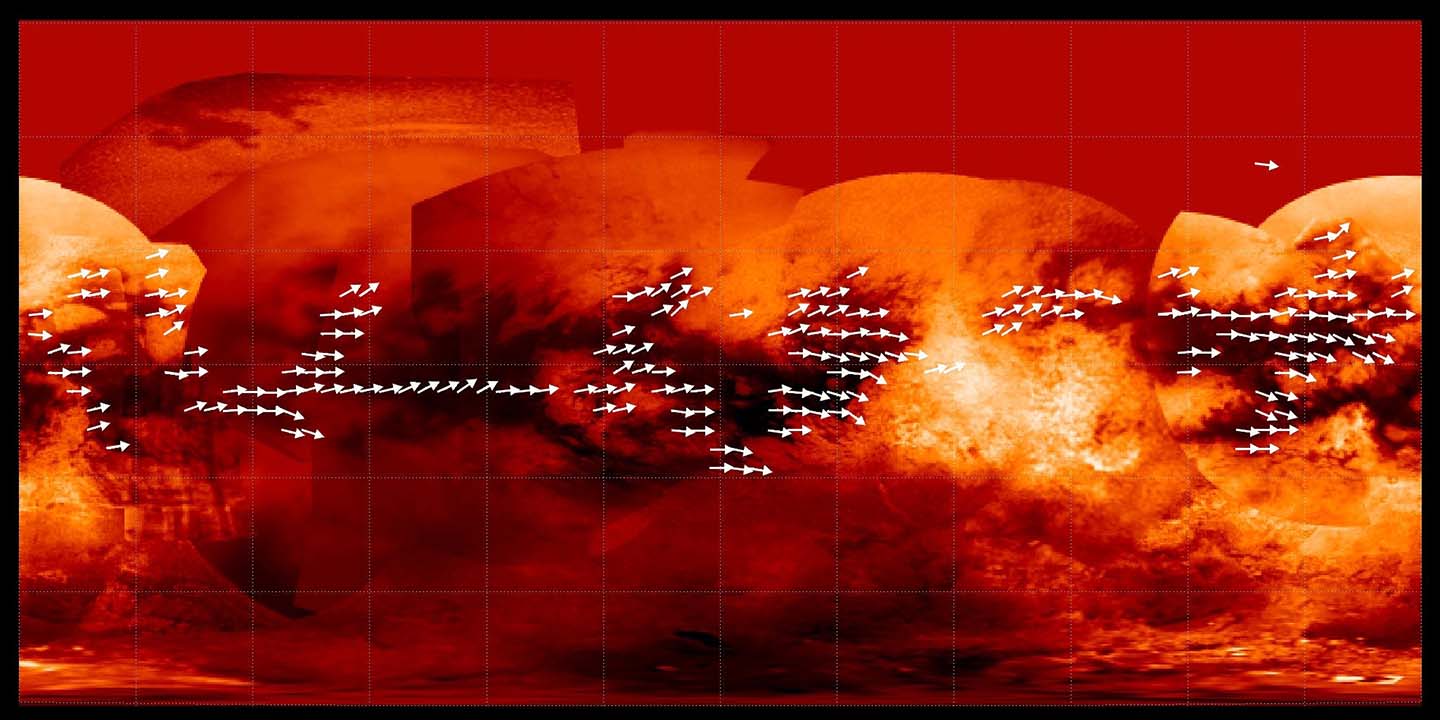 Scientists have used data from the Cassini radar mapper to map the global wind pattern on Saturn's moon Titan using data collected over a four-year period, as depicted in this image