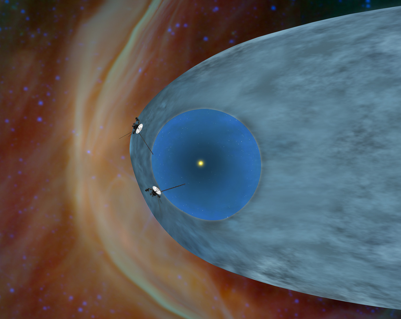 This artist's concept shows NASA's two Voyager spacecraft exploring a turbulent region of space known as the heliosheath