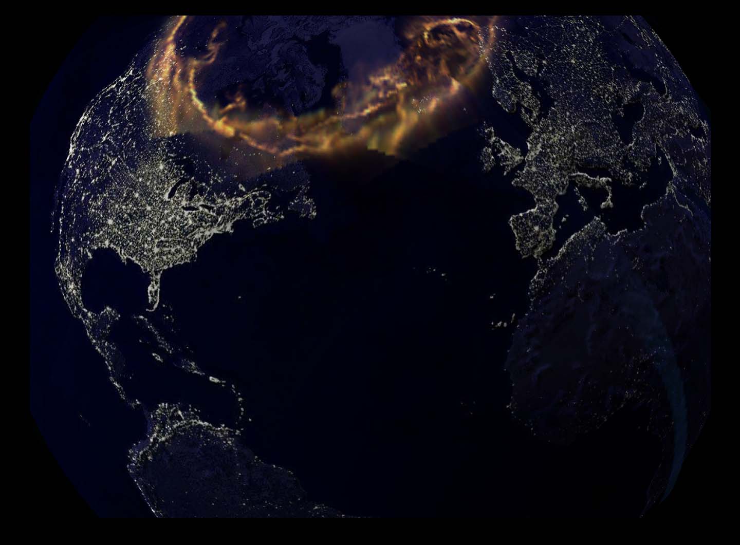 This image obtained by the TIMED Global Ultraviolet Imager — the only NASA instrument currently imaging the Earth's aurora and upper atmosphere from space — shows an aurora, superimposed over an Earth image, produced by a major geomagnetic storm that occurred on April 14, 2006