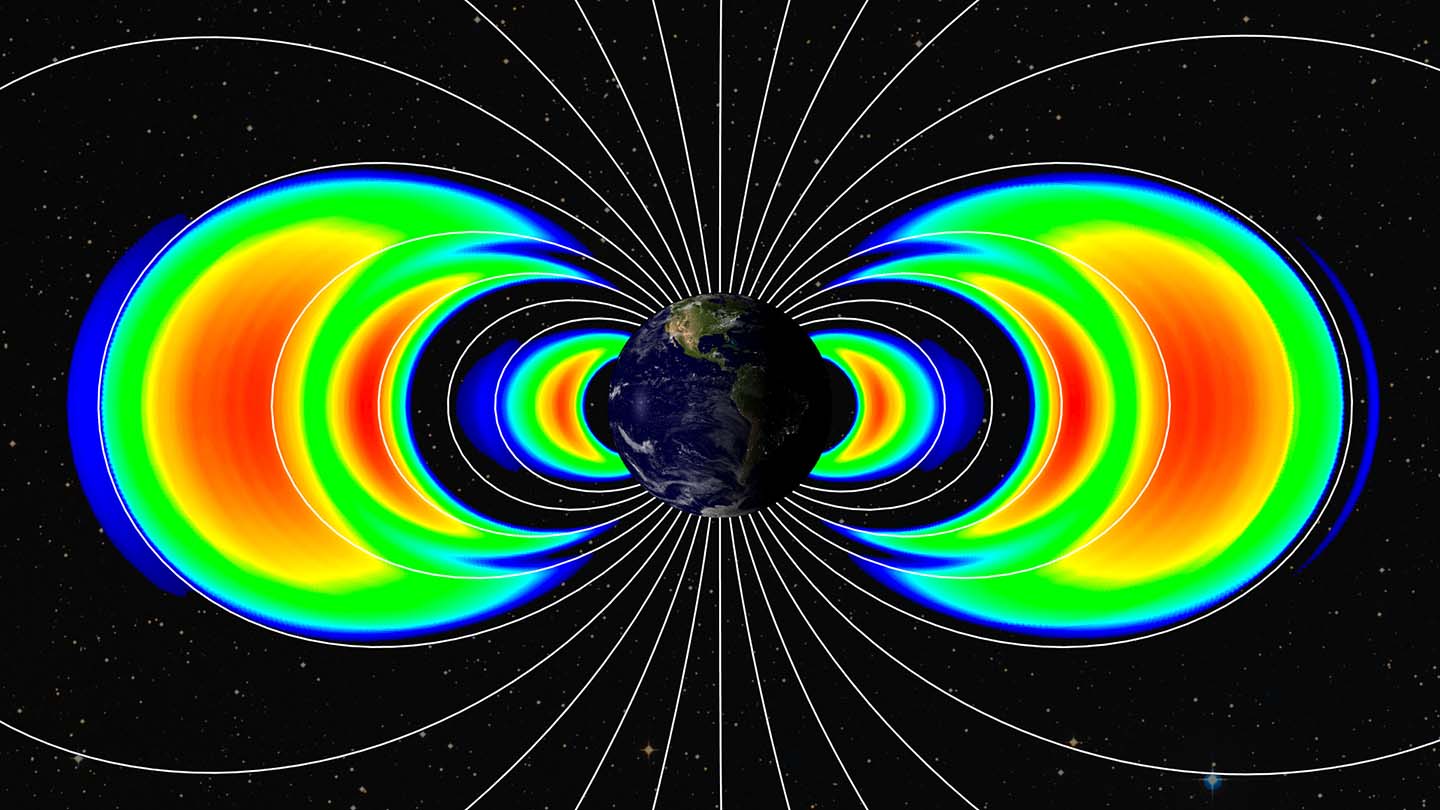 A new radiation belt and storage ring has been discovered above Earth; It is shown here using actual data as the middle arc of orange and red of the three arcs seen on each side of the Earth.