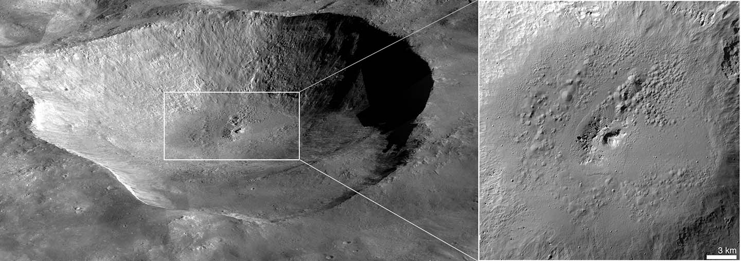 This perspective view of Marcia crater on the giant asteroid Vesta shows the most spectacularly preserved example of "pitted terrain," an unexpected discovery in data returned by NASA's Dawn mission.