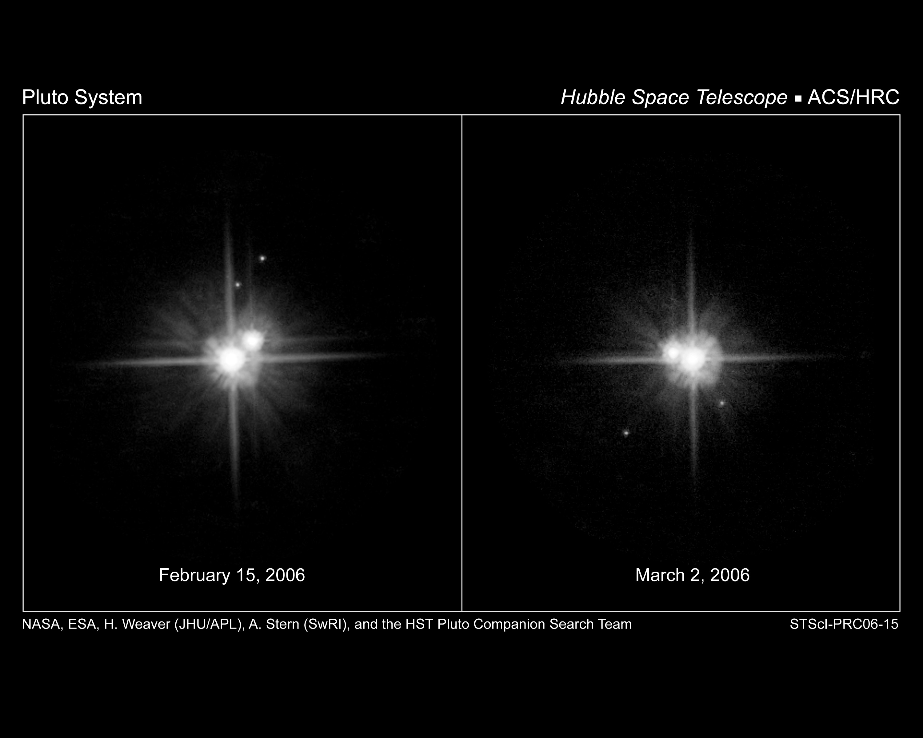 This pair of NASA Hubble Space Telescope images shows the motion of Pluto's satellites between February 15th and March 2nd, 2006. Both images were taken through a red filter (F606W) using the High Resolution Channel (HRC) of the Advanced Camera for Surveys (ACS)