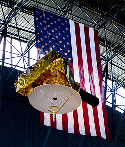 A life-size model of the New Horizons spacecraft—provided by APL, where the real New Horizons was designed and built—is on display at the Smithsonian National Air and Space Museum’s Steven F. Udvar-Hazy Center