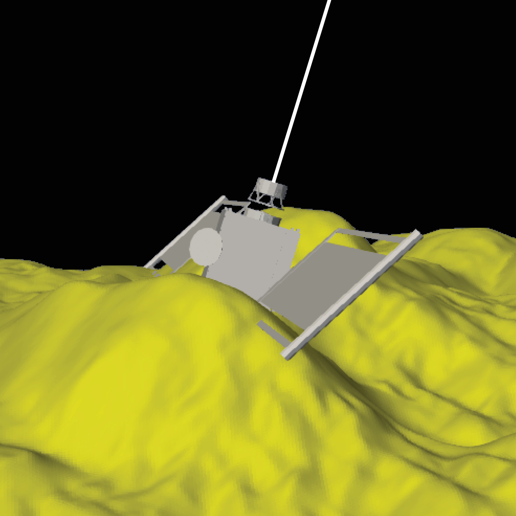 The yellow surface is a digital terrain model of the impact site made from DART images, and the rendering of the DART spacecraft depicts its position a few tens of microseconds before impact. The white line extending from the back of the spacecraft shows the spacecraft’s trajectory.