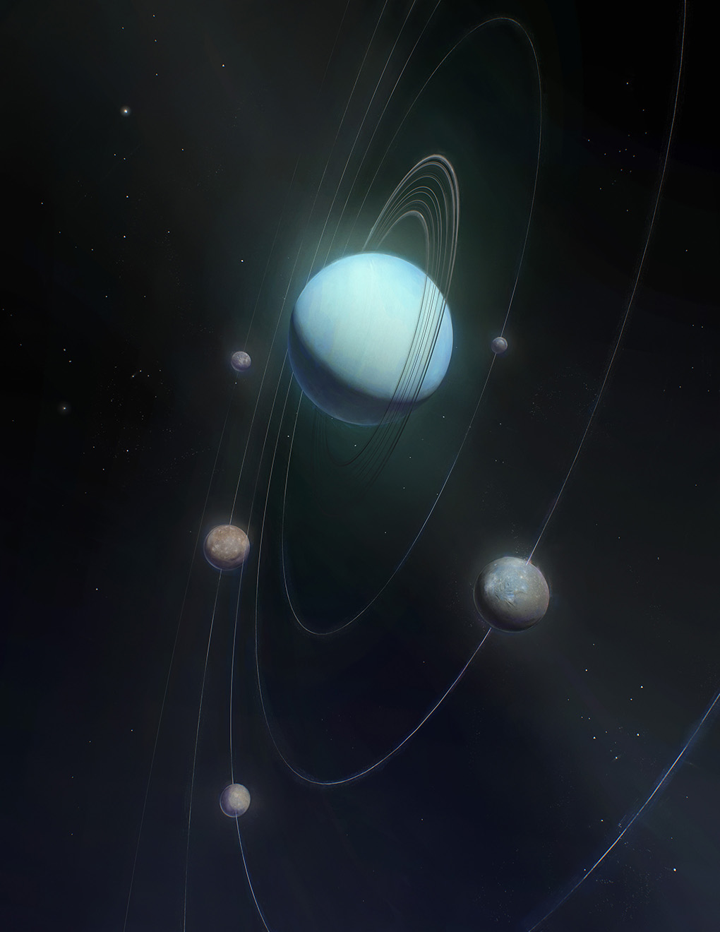 An artist’s impression of Uranus and its five largest moons