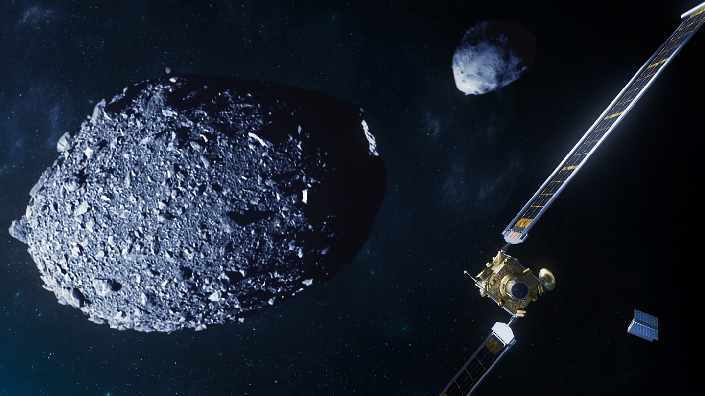 Illustration of NASA's DART spacecraft with images of the asteroids Dimorphos and Didymos