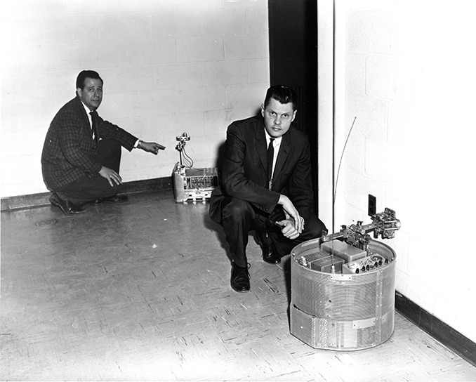 John Chubbuck (right) with &quot;the Hopkins Beast&quot; and Leonard Scheer with &quot;Ferdinand,&quot; early APL robots, or &quot;automatons.&quot;