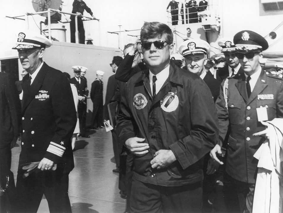 President John F. Kennedy attends a Polaris missile test launch at Cape Canaveral