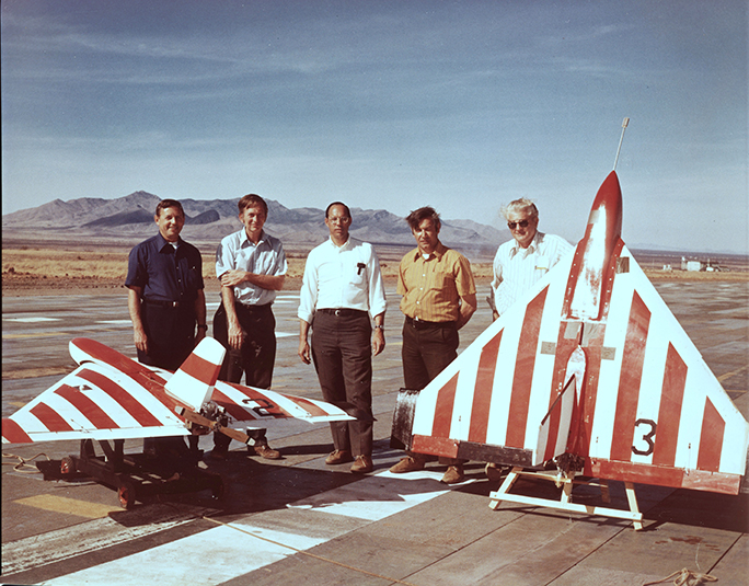 Shown here in this 1974 photo are (left to right) Maynard Hill (Remotely Piloted Vehicle program manager), Robert Givens, Melvin Newcomer, William Charbonneau, and Raymond Cole