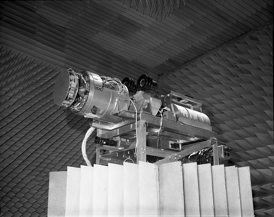 A Harpoon missile seeker undergoes testing in the anechoic chamber at APL’s Guidance Systems Evaluation Laboratory
