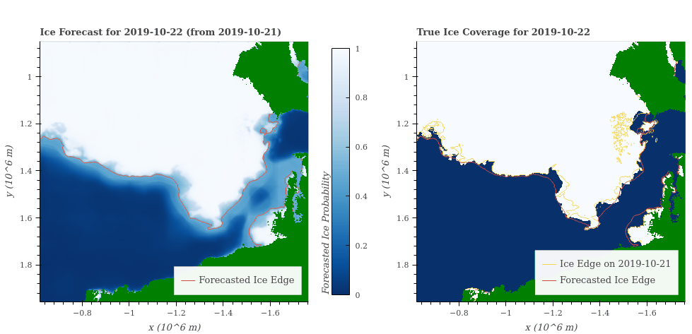 •	A seven-day forecast of the sea ice extent (left) versus the true sea ice extent (right) in the Beaufort Sea north of Alaska