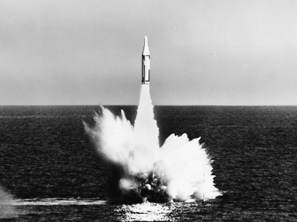 In the first peacetime test of the Fleet Ballistic Missile combined submarine system, the submerged USS George Washington fires two Polaris missiles off Cape Canaveral, Florida. (1960)