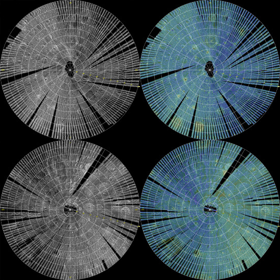 The left-hand images show radar brightness, while the right-hand color images also show the circular polarization ratio