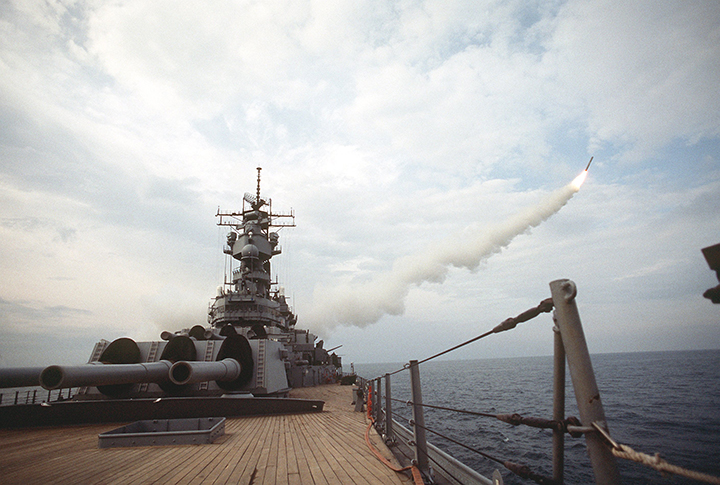 A Tomahawk land-attack missile (TLAM) is fired toward an Iraqi target from the battleship USS Missouri (BB 63) at the start of Operation Desert Storm in 1991.