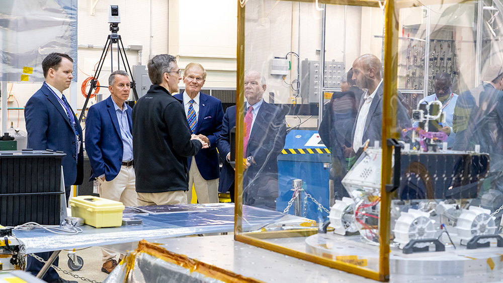 NASA Administrator Bill Nelson views the Lunar Vertex rover at Johns Hopkins APL during a visit on June 9, 2023.