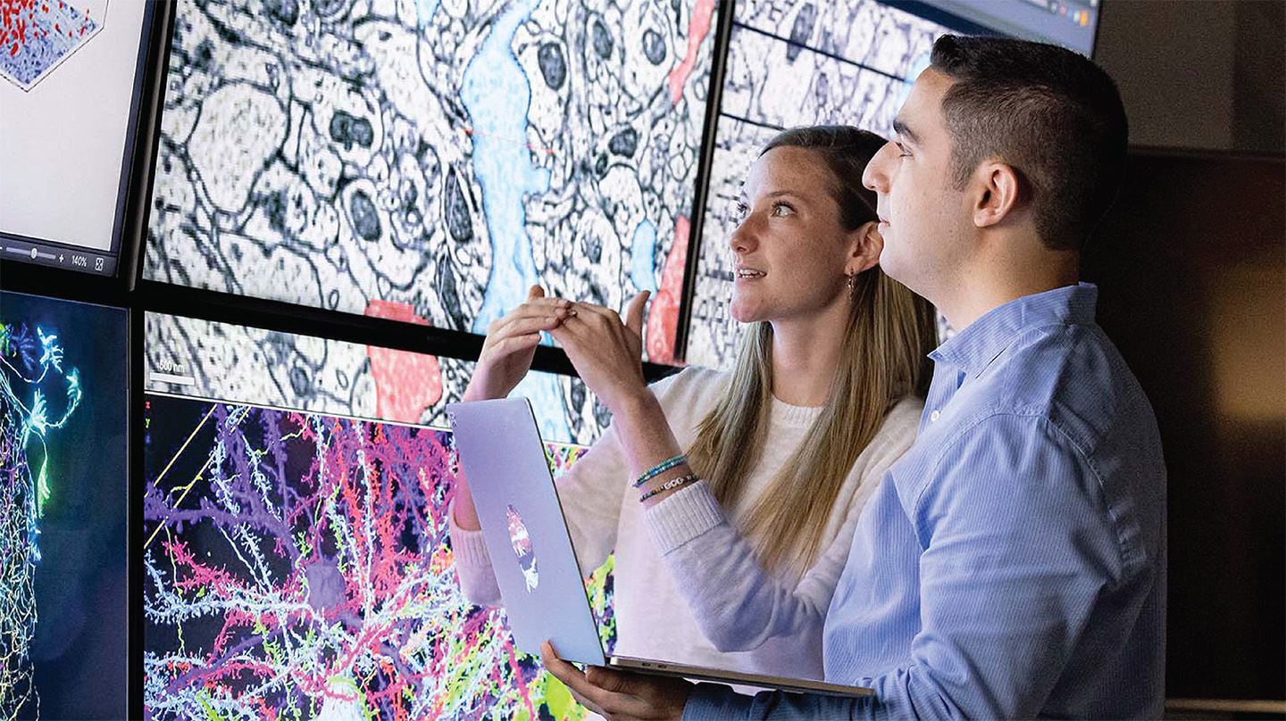 APL neuroscience and connectomics researchers Cait​lyn Bishop and Daniel Xenes examine data.