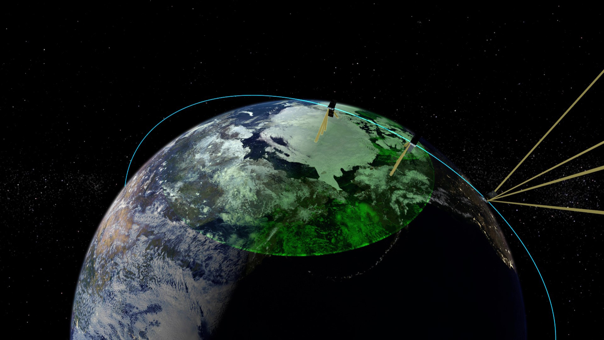 Three EZIE satellites moving as pearls on a string in their pole-to-pole orbit.