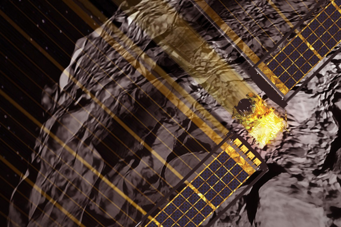 This graphic combines the DART spacecraft and the topography of the asteroid Dimorphos to show an artistic depiction of DART’s impact moments before it occurred.