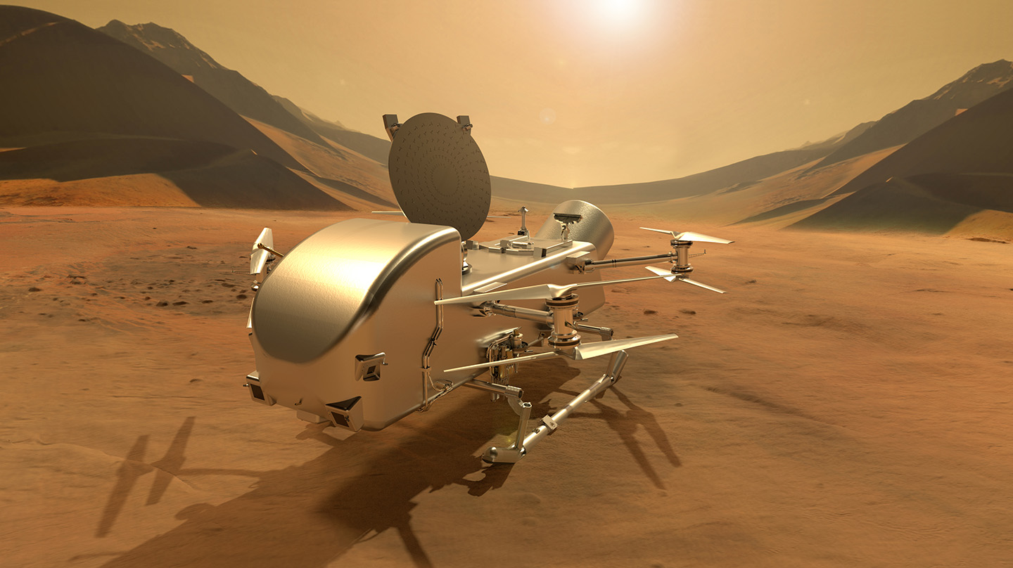 Artist&#039;s impression of the Dragonfly rotorcraft lander on the surface of Titan