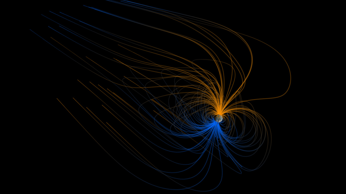 A scientific visualization of the magnetic field lines that make up Earth’s magnetosphere.