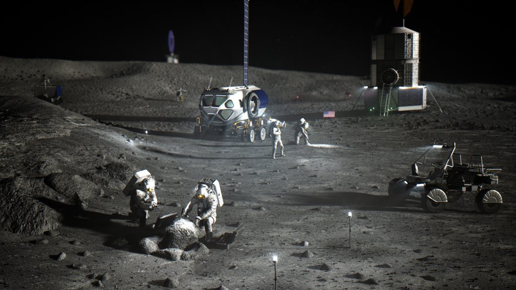 Illustration of NASA astronauts on the lunar South Pole