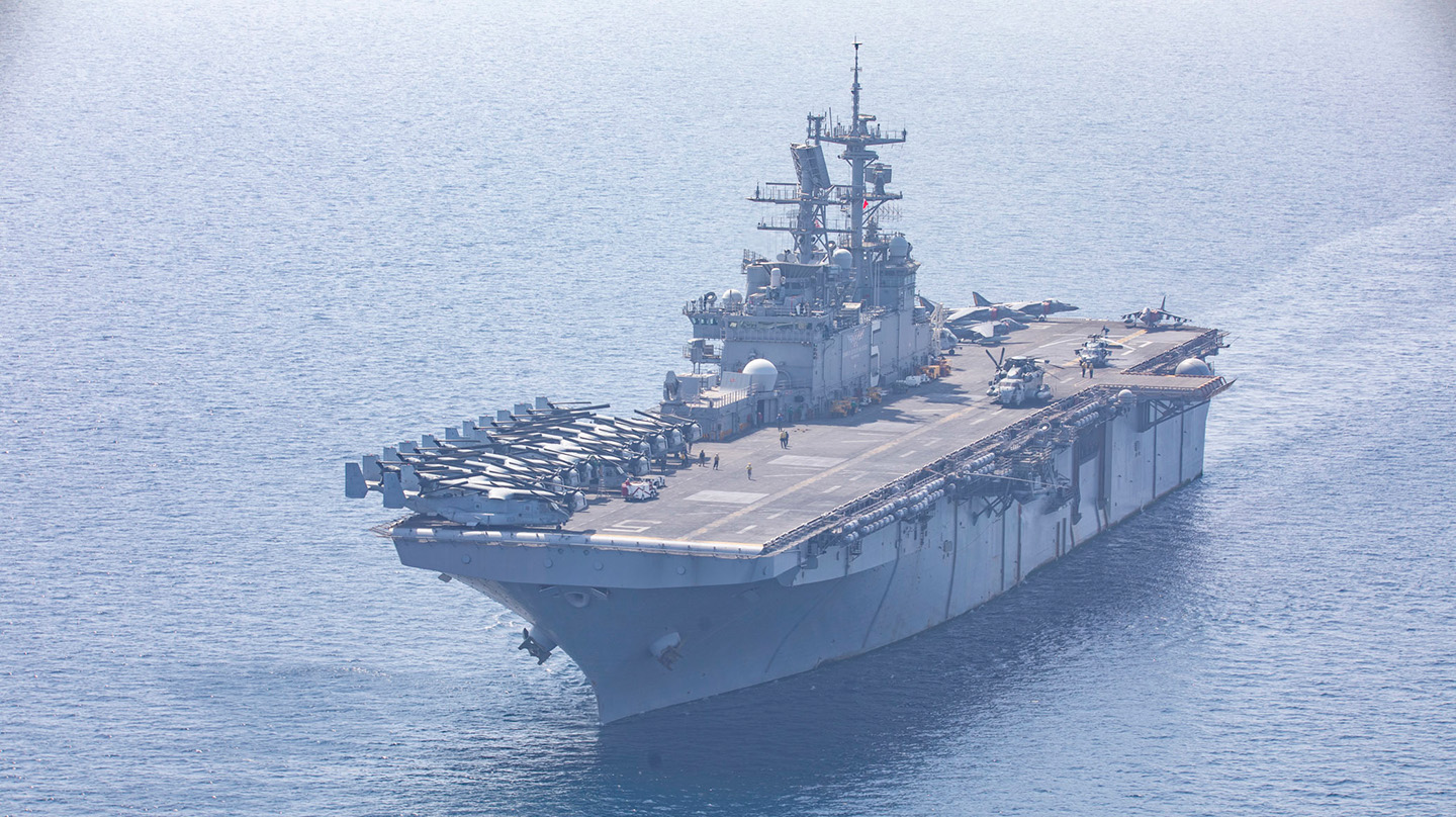 The amphibious assault ship USS Bataan (LHD 5) sails in the Arabian Gulf