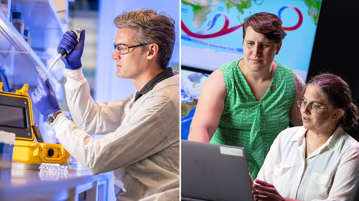 Composite image. The image on the left shows a molecular biologist. The image on the right shows oceanographers.