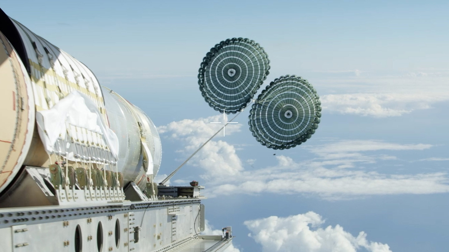 A medium-range ballistic missile target with countermeasures is air launched from a C-17 aircraft from southwest of the Pacific Missile Range Facility in Hawaii during FTX-23. (Credit: MDA/U.S. Navy)