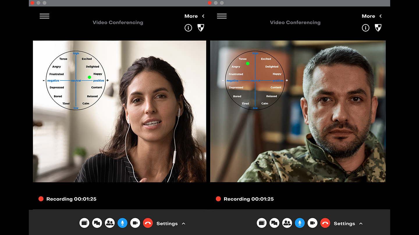 Render of TEAPOT, a telehealth suite developed by Johns Hopkins APL researchers. This composite image shows two people on a video call. On their screens, there is a chart highlighting mood.