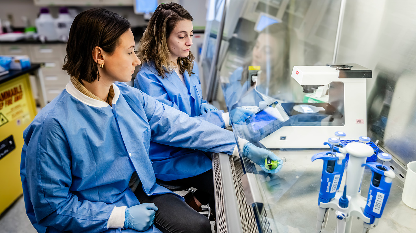 Corrine Fuller (left) and Claire Bell (right) are investigating the viability and scalability of freeze-dried, shelf-stable red blood cells. (Credit: Johns Hopkins APL/Craig Weiman)